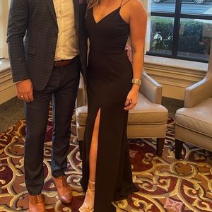 WINDSOR CHLOE LACE-UP BACK FORMAL BLACK SLIT DRESS